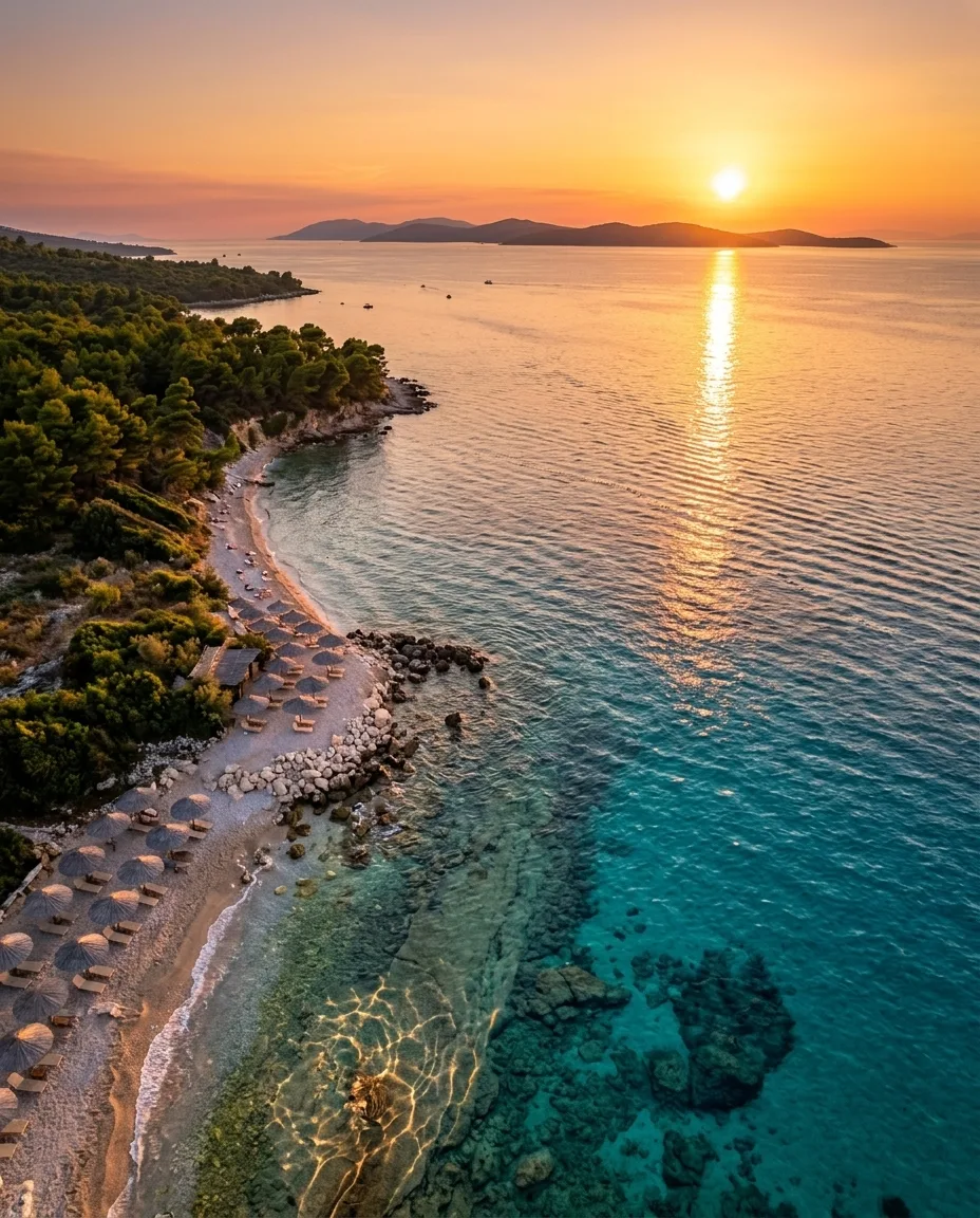 Aerial view at sunset over a Dalmatian beach — rows of straw umbrellas on white sand, turquoise water fading into deep blue, pine coastline and islands in the distance