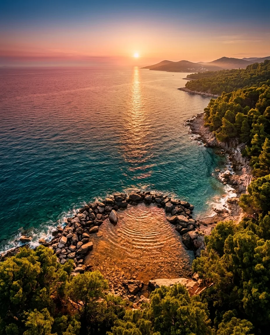 Aerial drone view of a circular stone harbour cove at sunset — rugged Adriatic coastline, turquoise inlet, pine forest stretching along the coast