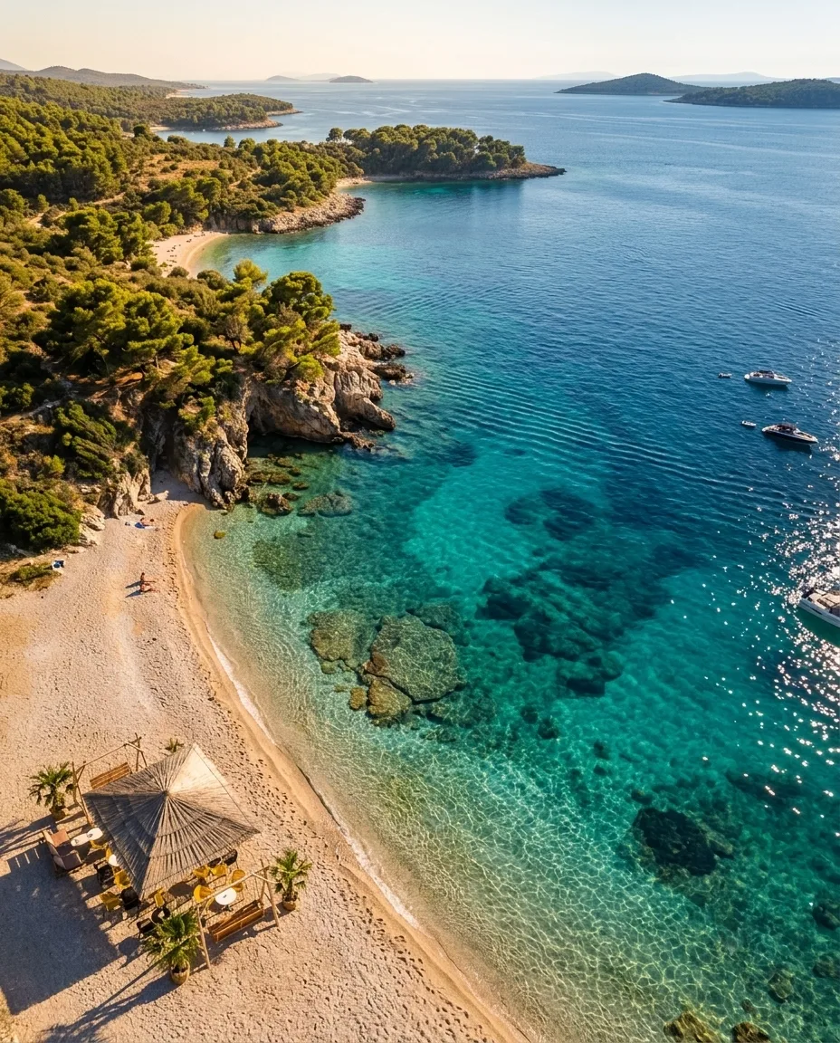 Aerial view looking straight down into a crystal-clear Dalmatian cove — the sandy seabed visible through turquoise water, beach bar umbrellas on the shore
