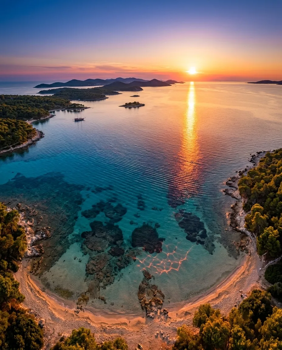 Wide aerial panoramic at sunset — Dalmatian island archipelago stretching to the horizon, turquoise cove in the foreground, rocky pine-covered coastline, golden evening light