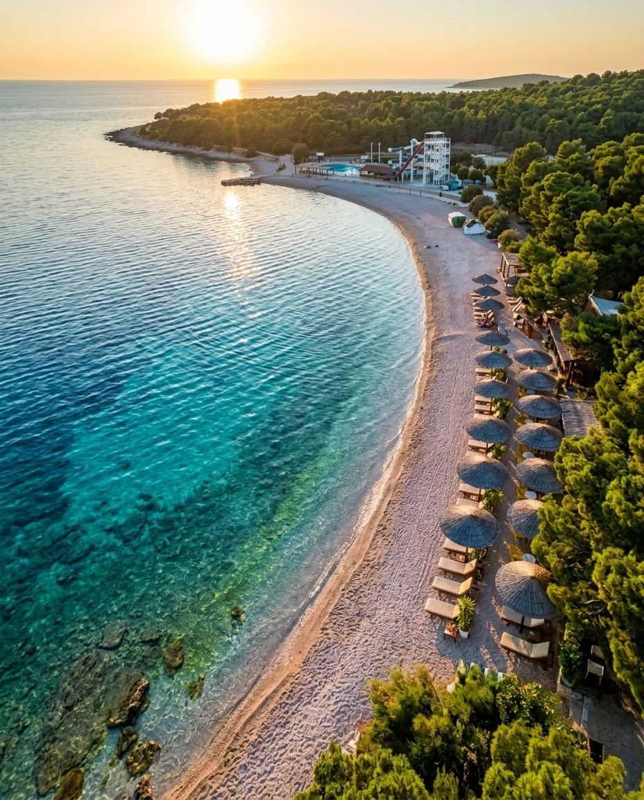 Aerial drone view of a resort beach at golden hour — long sandy beach with sun loungers, calm sea, pine-covered coastline curving in the background