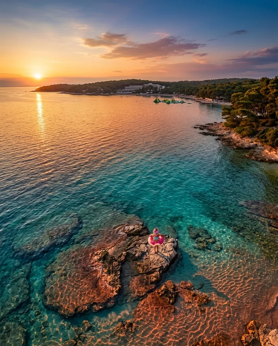 Drone photo at sunset — couple sitting on a small rocky island surrounded by turquoise water, golden light reflecting on the Adriatic sea