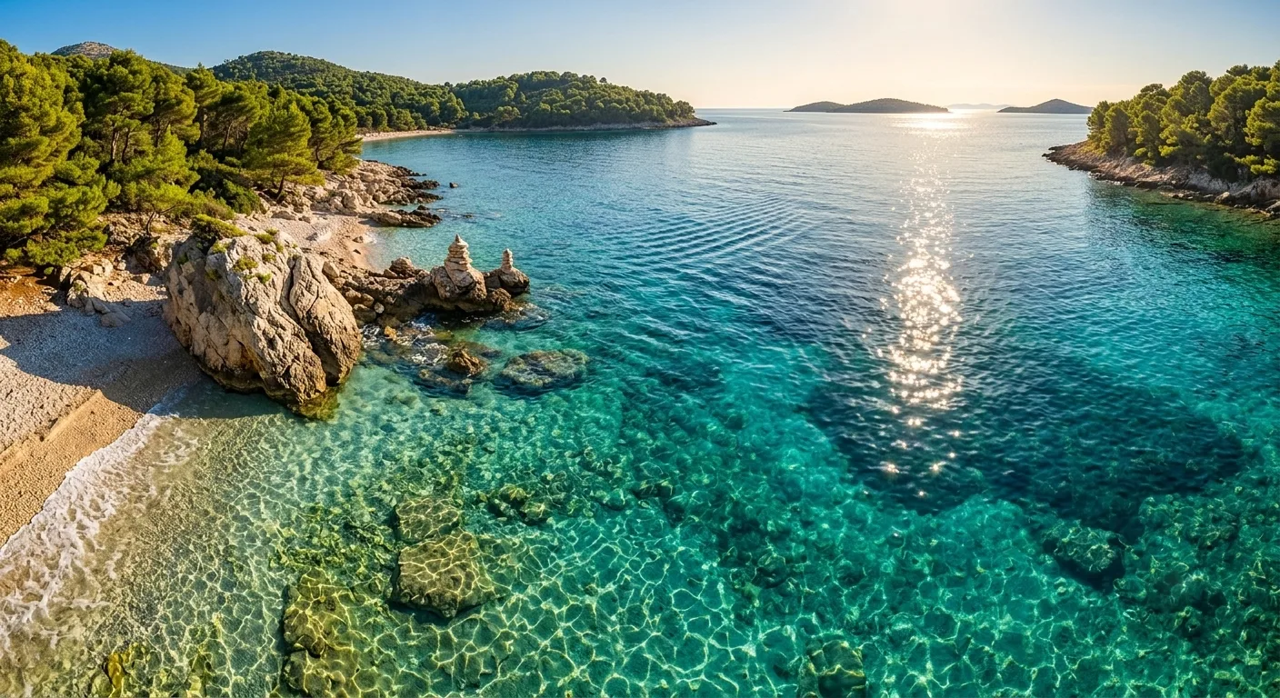 Aerial view of a twin cove on the Dalmatian coast — crystal turquoise water, beach bar umbrellas, pine-covered islands in the background
