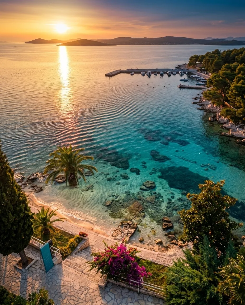 Elevated view of a waterfront terrace at sunset — palm trees, bougainvillea, marina with boats in the background, dramatic orange sky over the Adriatic