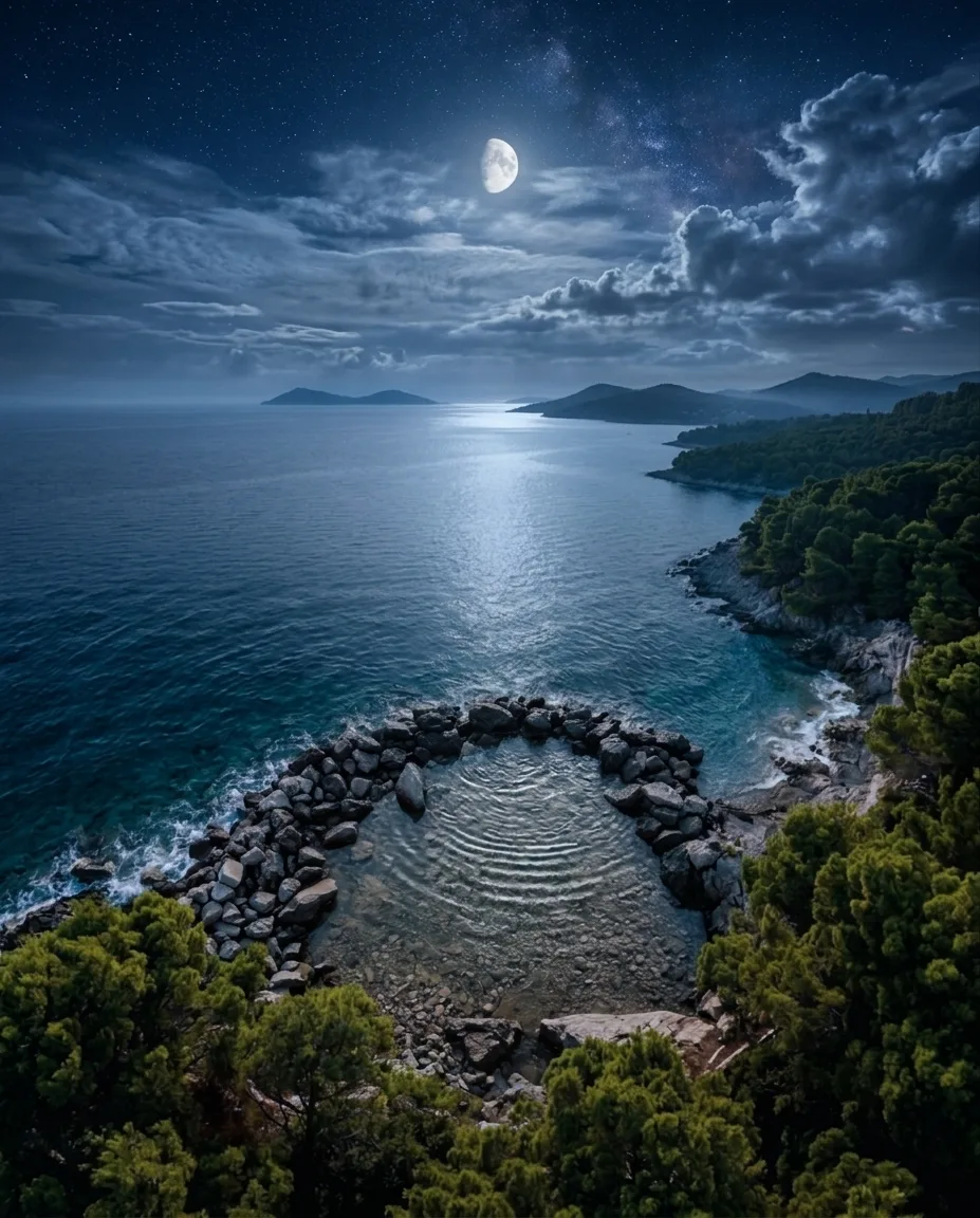 Night aerial view of a circular stone cove on the Adriatic coast — moonlight reflecting on calm water, pine trees surrounding the rocky harbour, islands visible on the horizon