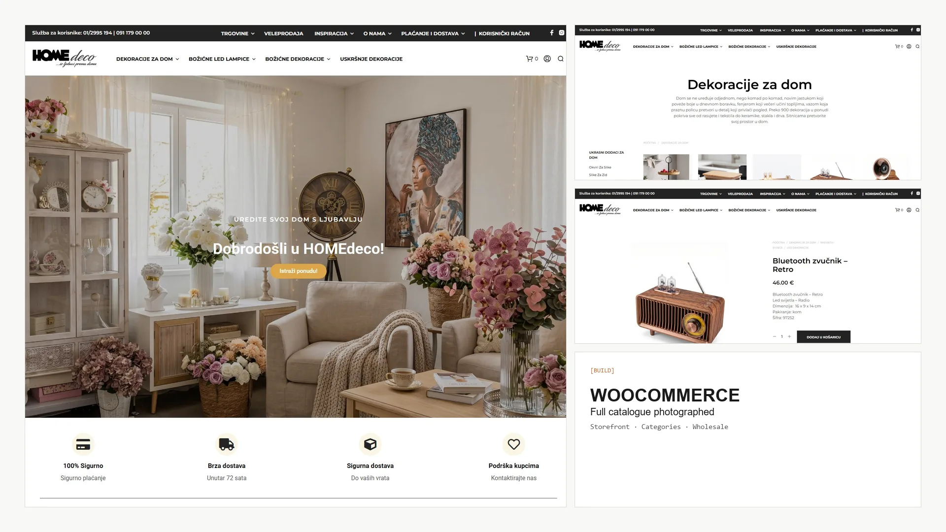 HOMEdeco e-commerce homepage, category and product pages — WooCommerce storefront with in-house product photography. Croatian home décor retailer, ongoing retainer.