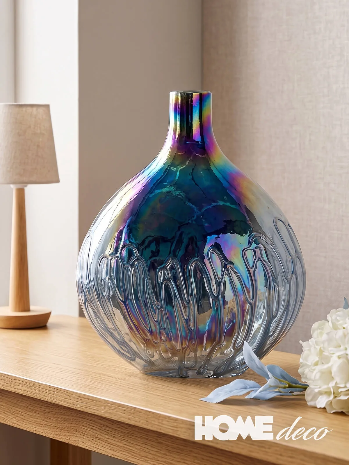 Glass vase product photograph on neutral background