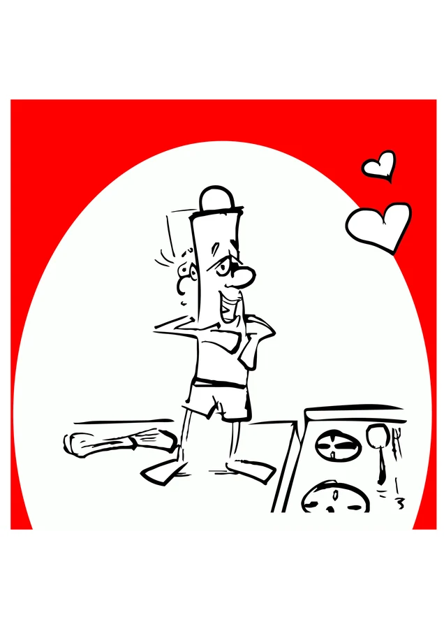Kvačica book illustration — male staple character excited, hearts floating, red circle backdrop