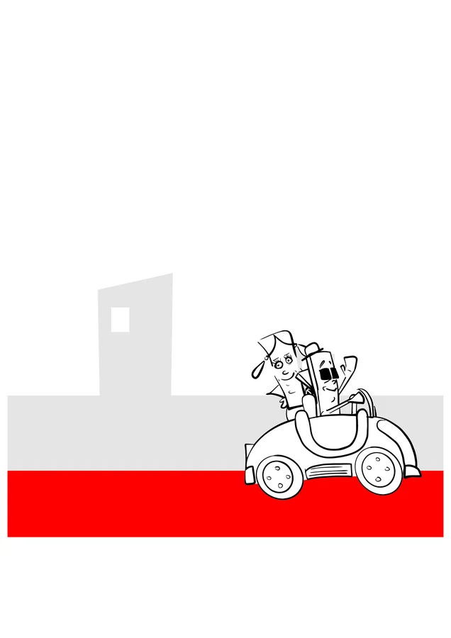 Kvačica book illustration — two staple characters riding in a car through the city