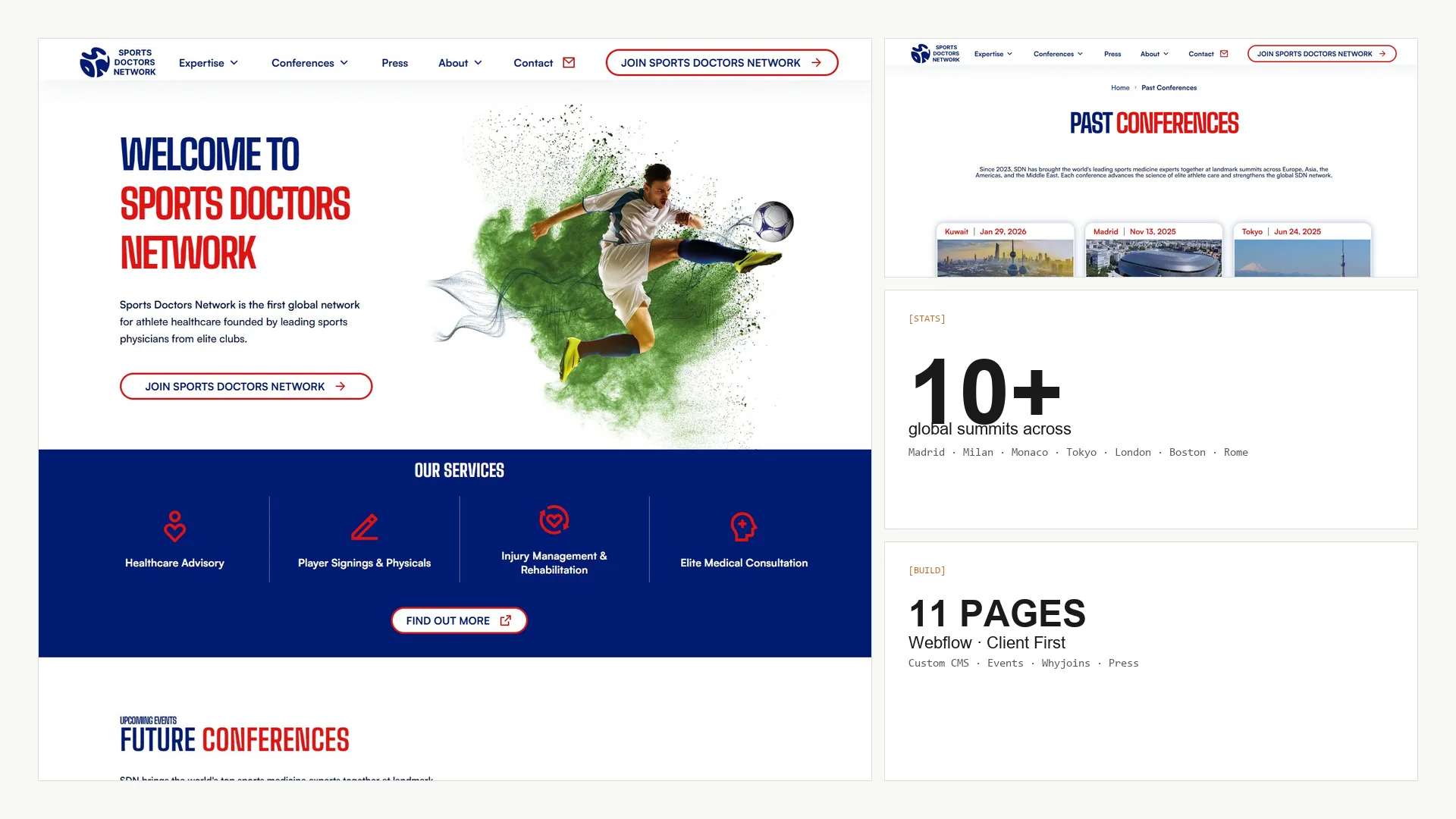 Sports Doctors Network homepage and conference pages — Webflow design and build for the first global network in elite sports medicine. Custom CMS architecture, 11 public pages.