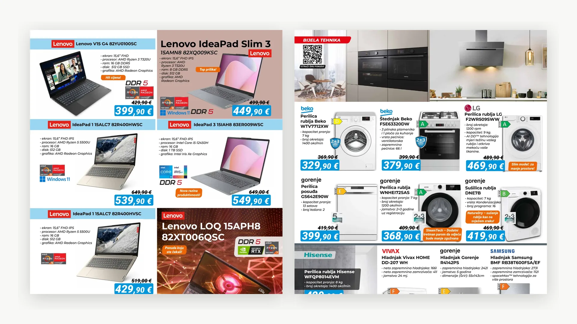 Vacom seasonal catalogue spreads — bijela tehnika and proljetni edition double-page layouts. Retail brand design and print production by Filip Gal, Zagreb.