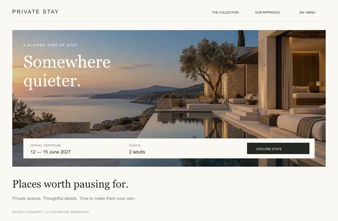 Choose a stay — Photography sets the tone; dates and guest count make the search concrete.