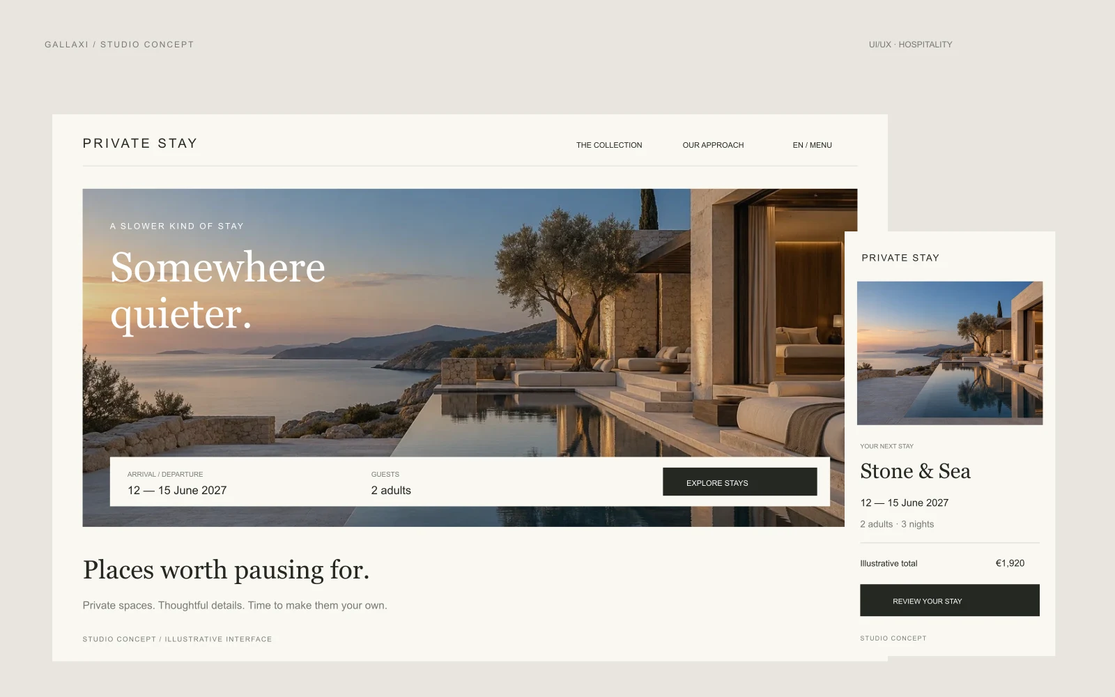 Boutique Stay — A self-initiated premium hospitality booking concept. From choosing a stay to a clear booking review.