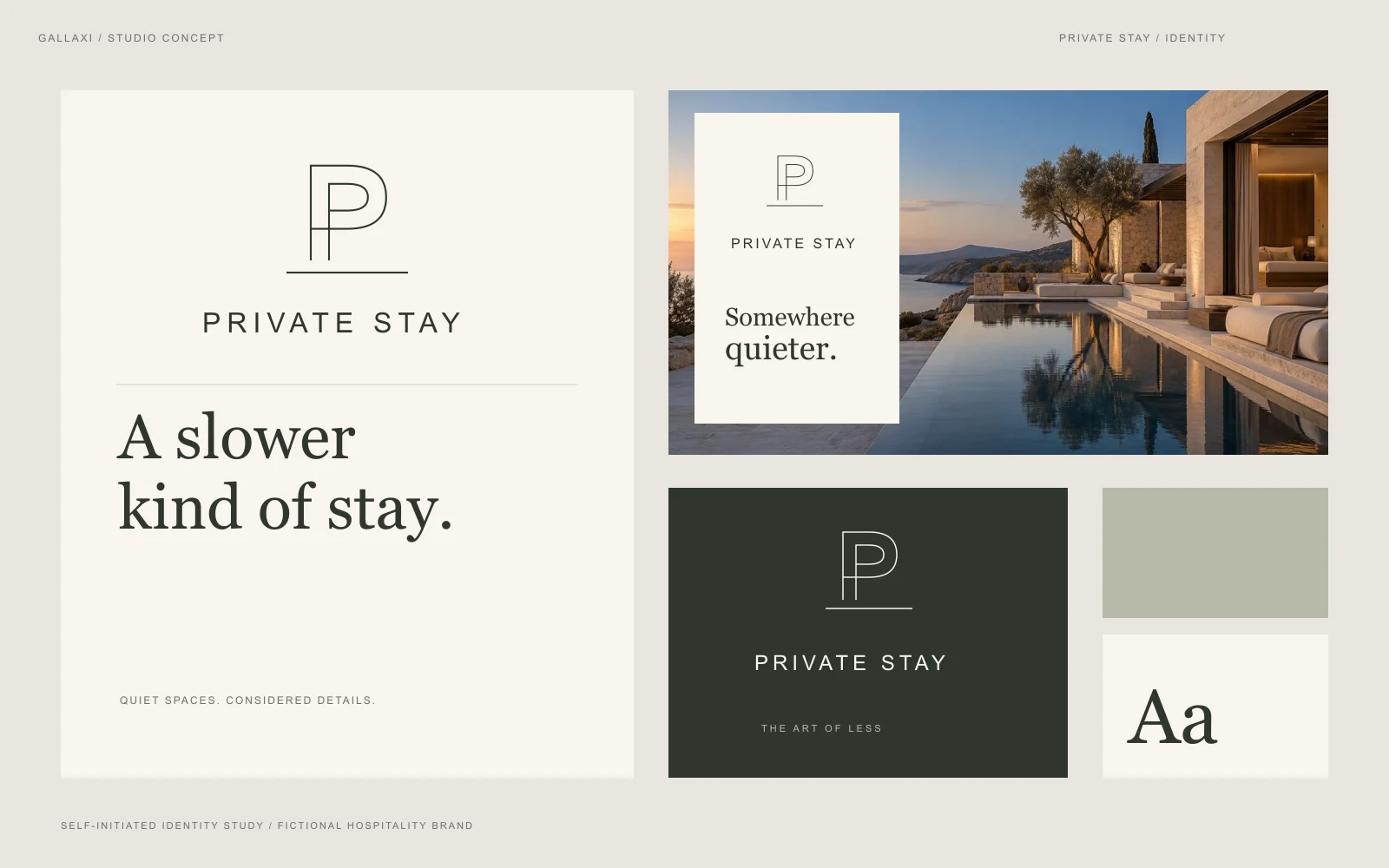 Private Stay studio concept: mark, typography, welcome card and visual applications.
