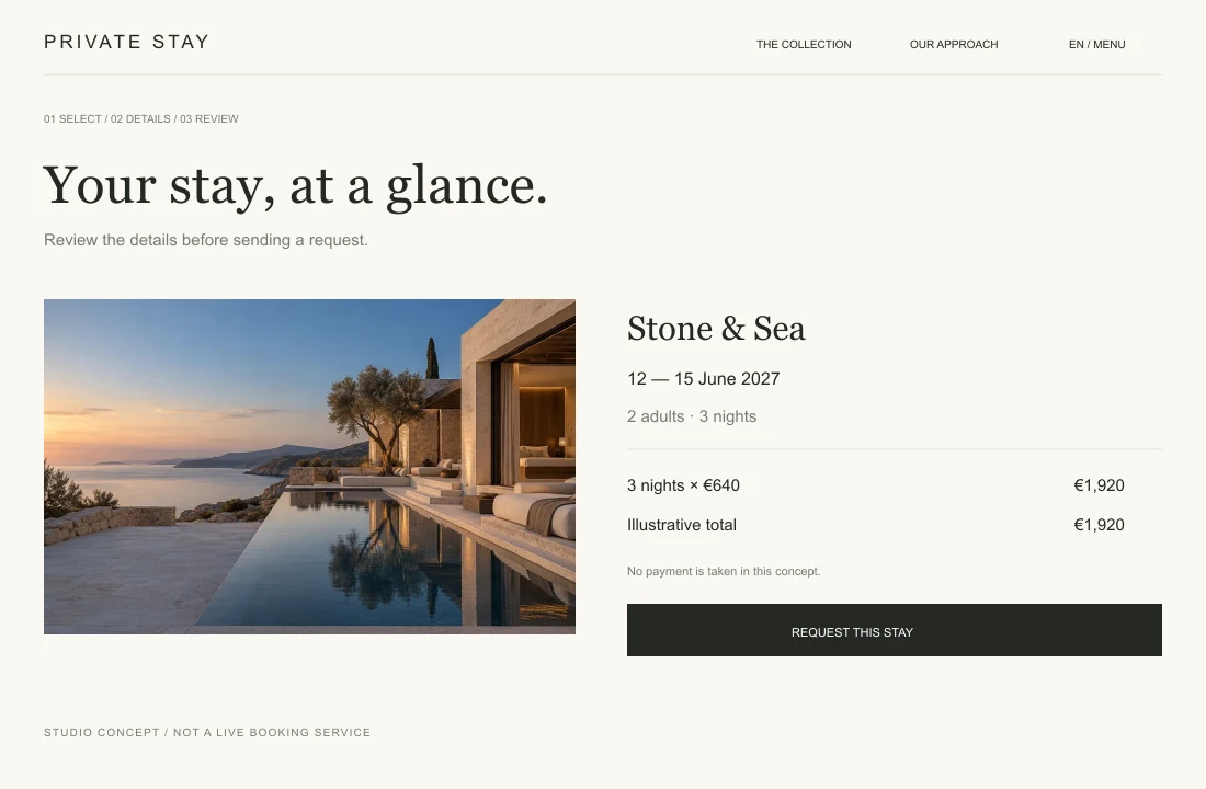 Review before sending — Dates, guests and an illustrative total in one place. A stay request is clearly distinguished from taking a payment.