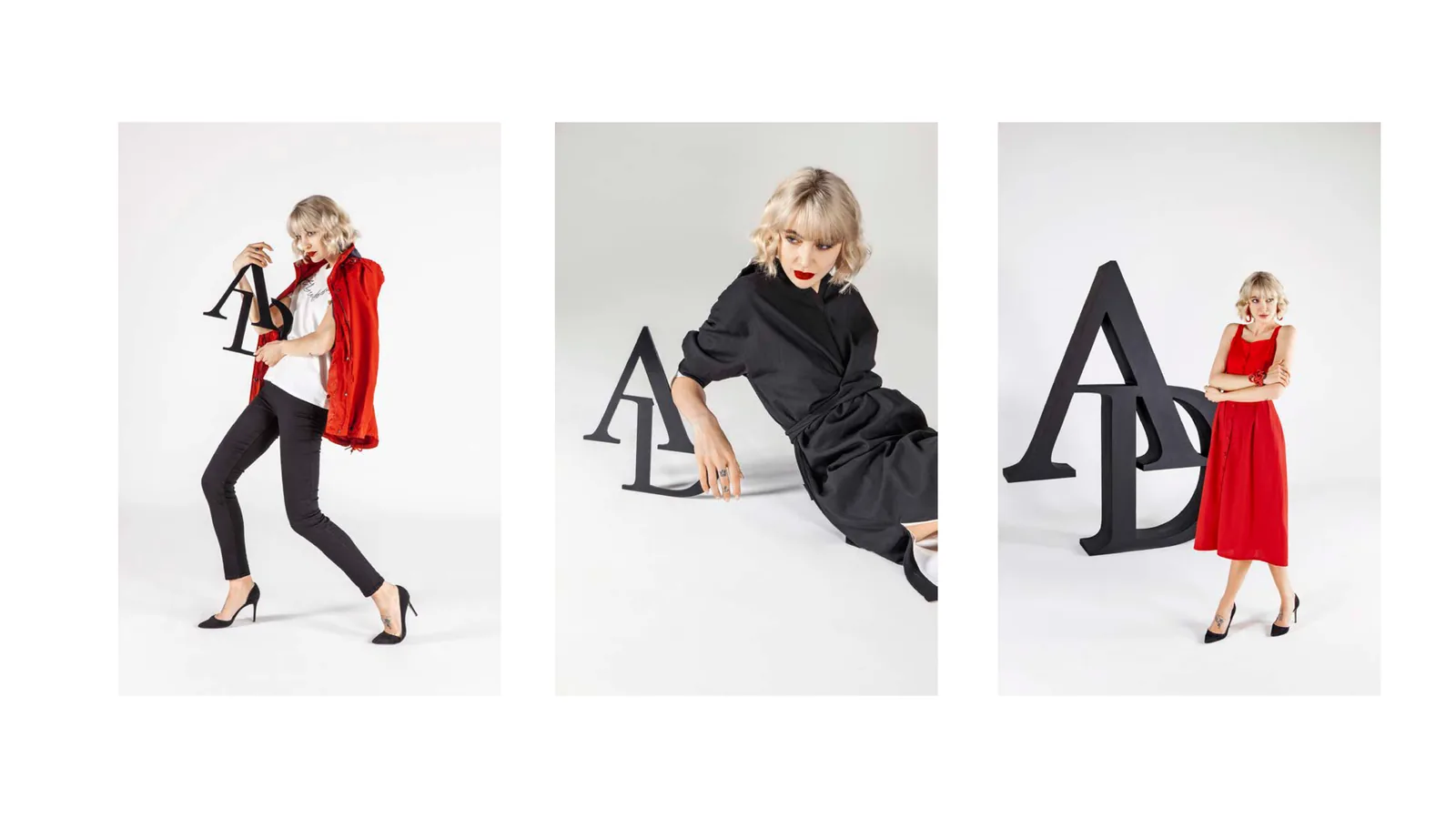 AD Magazine fashion editorial — model in red and black dresses with A_D sculpture