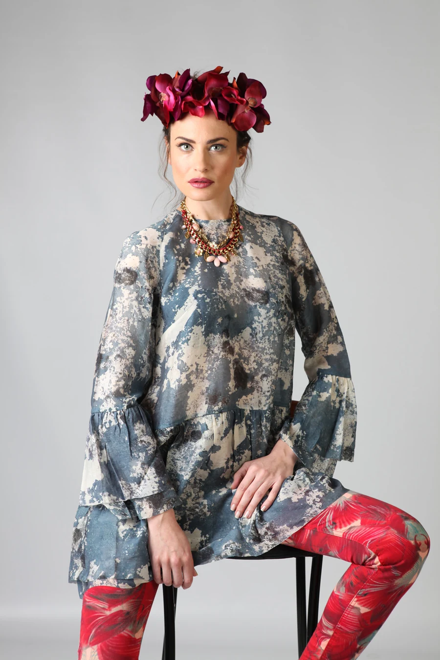 Studio fashion editorial Zagreb — model in floral print dress with flower crown headpiece