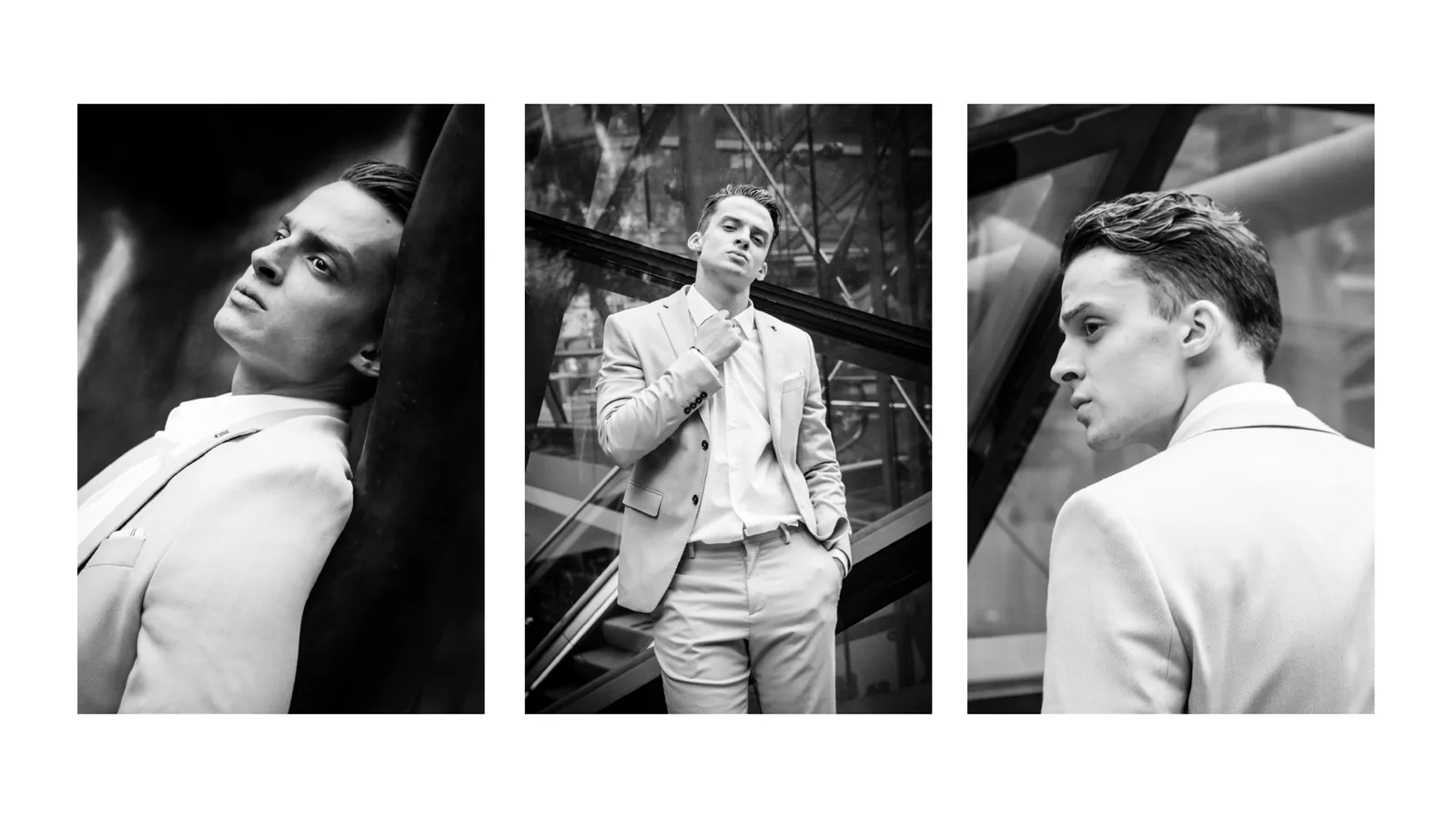 Men's fashion editorial in monochrome — three-look composition