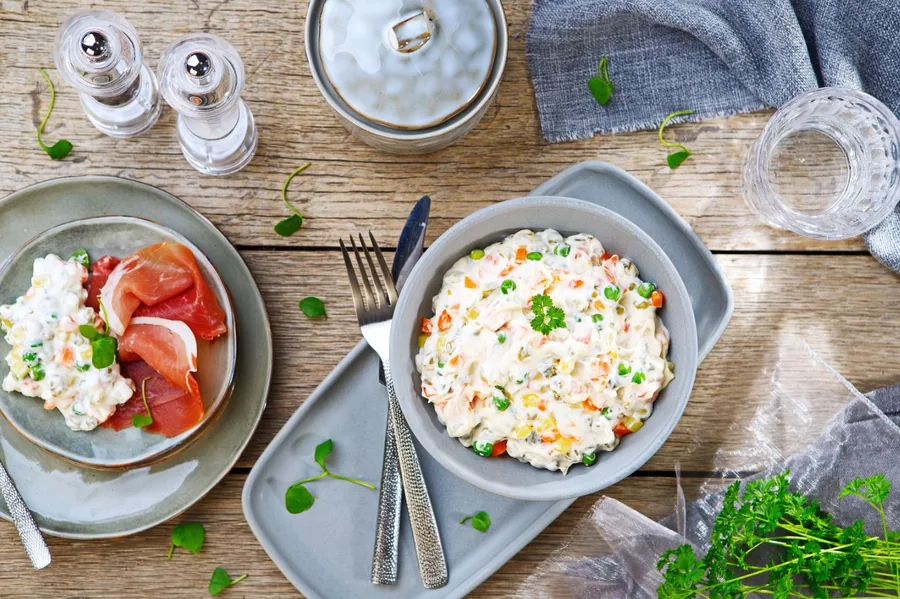 Food photography — olivier salad with prosciutto, restaurant presentation, commercial photography Zagreb